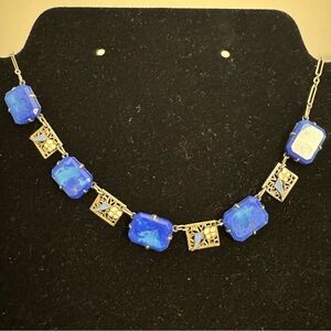 Vintage Art Deco Style Blue Glass & Enamel Filigree Necklace 16”